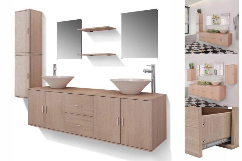 vidaXL Badezimmer-Set 11 tlg Badmöbel Set mit Waschbecken und Wasserhahn Beige von vidaXL