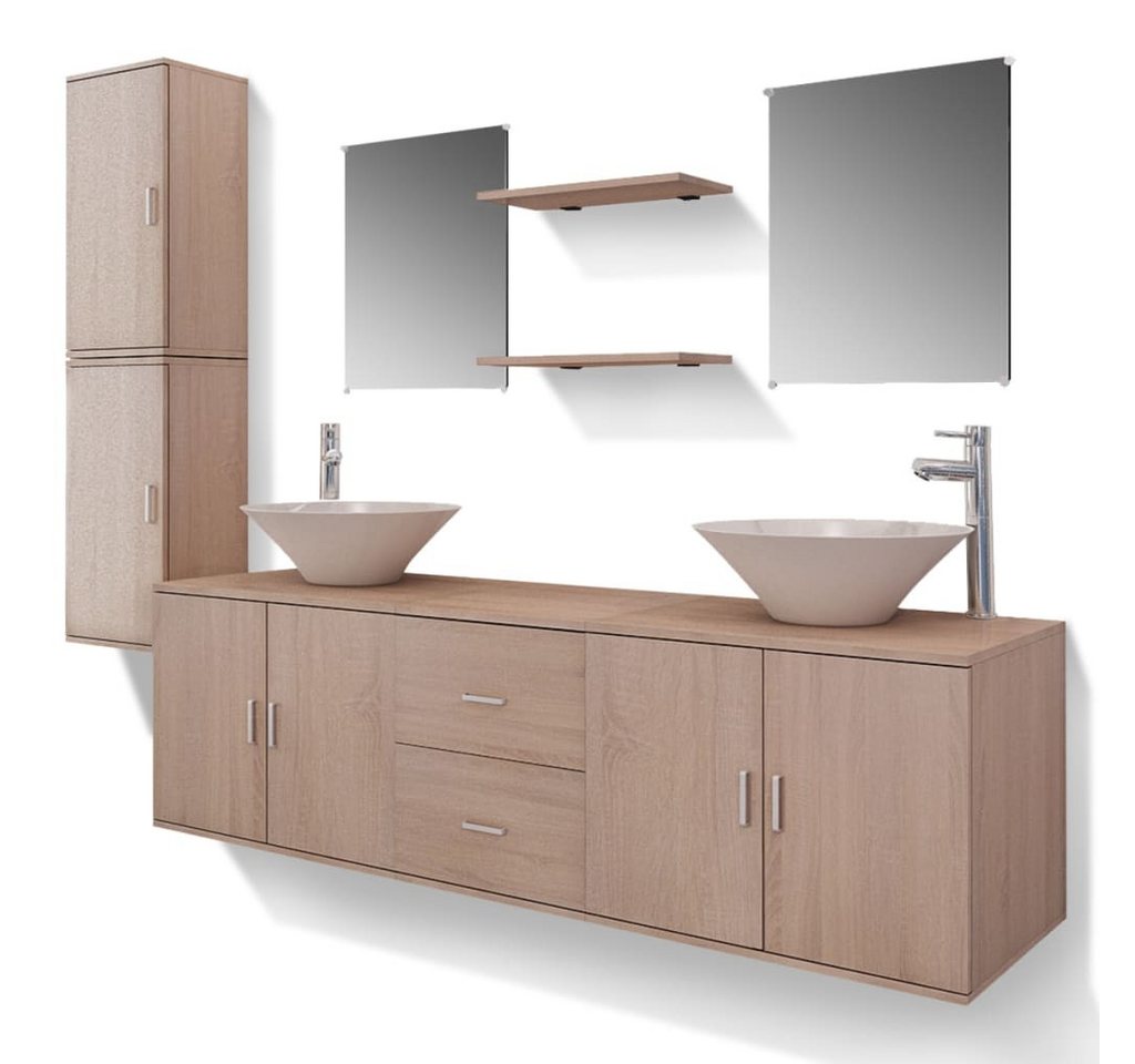 vidaXL Badezimmer-Set 11-tlg. Badmöbel-Set mit Waschbecken und Wasserhahn Beige, (1-St) von vidaXL