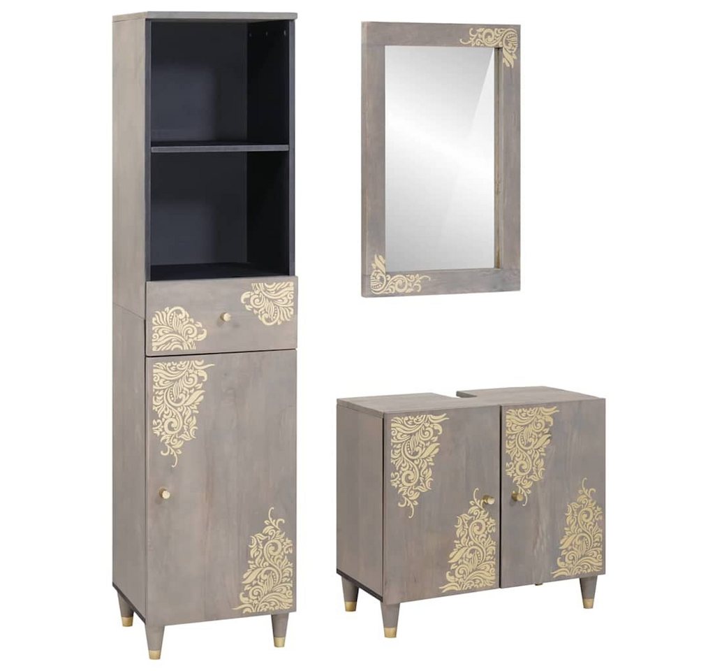 vidaXL Badezimmer-Set Badezimmermöbel Set 3 pcs Grau Massives, grobes holz, (3-St) von vidaXL