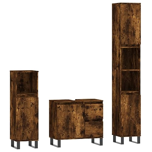 vidaXL Badmöbel Set 3 TLG., Badezimmermöbel mit viel Stauraum, Badschrank mit Eisenbeinen, Badezimmerschrank Waschbeckenunterschrank Hochschrank, Räuchereiche Holzwerkstoff von vidaXL