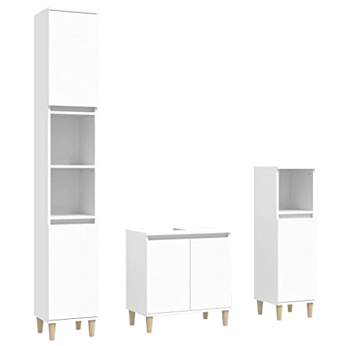 vidaXL Badmöbel Set 3-TLG., Badschrank Holzbeine, Badezimmer Unterschrank Hochschrank Midischrank, Badezimmermöbel, Weiß Holzwerkstoff vidaXL Badmöbel Set 3-TLG., Badschrank Holzbeine, Badezimmer Unterschrank Hochschrank Midischrank, Badezimmermöbel, Weiß Holzwerkstoff von vidaXL