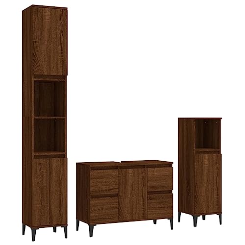 vidaXL Badmöbel Set 3-TLG., Badschrank Metallfüße, Badezimmer Unterschrank Hochschrank Midischrank, Badezimmermöbel, Braun Eichen-Optik Holzwerkstoff von vidaXL