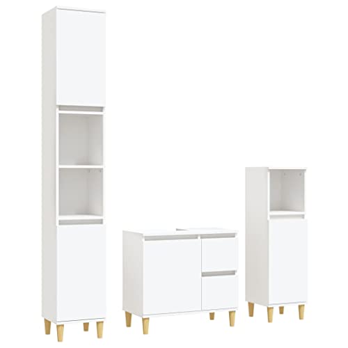 vidaXL Badmöbel Set 3-TLG., Badschrank mit Holzbeinen, Badezimmer Unterschrank Hochschrank Midischrank, Badezimmermöbel, Weiß Holzwerkstoff von vidaXL