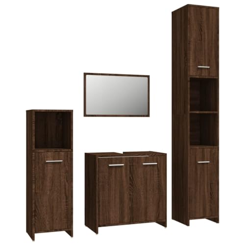 vidaXL Badmöbel Set 4 TLG., Badezimmermöbel mit Hochschrank Waschbeckenunterschrank Badspiegel, Badschrank mit viel Stauraum, Waschtischschrank Badezimmermöbel, Braun Eichen Optik Holzwerkstoff von vidaXL