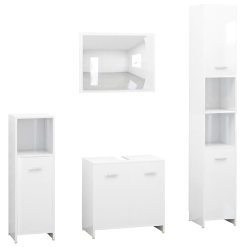 vidaXL Badmöbel Set 4-TLG. Spiegel Unterschrank Badschrank Midi Schrank Hochschrank Badezimmermöbel Waschbeckenunterschrank Hochglanz-Weiß Holzwerkstoff von vidaXL