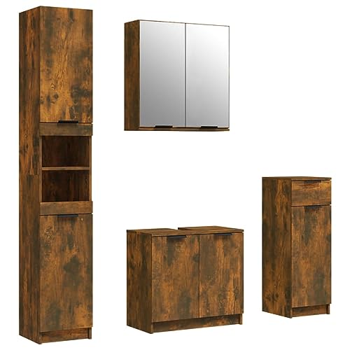 vidaXL Badmöbel Set 4-TLG. Unterschrank Hochschrank Badschrank Badezimmerschrank Wandschrank Spiegelschrank Badezimmermöbel Räuchereiche Holzwerkstoff von vidaXL