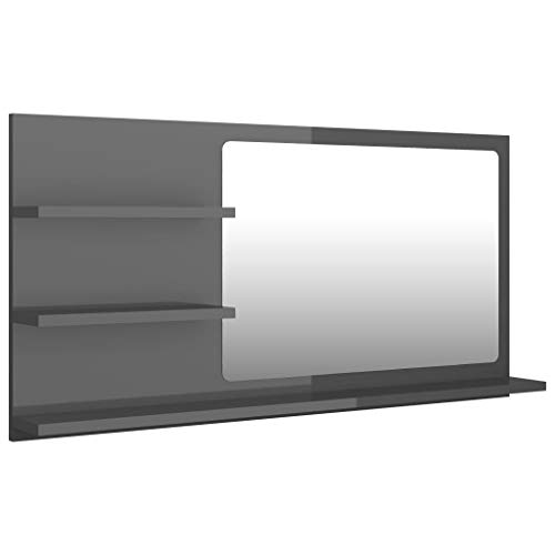 vidaXL Badspiegel mit 3 Ablagen Spiegelregal Wandspiegel Badezimmerspiegel Bad Spiegel Badezimmer Badmöbel Hochglanz-Grau 90x10,5x45cm Holzwerkstoff von vidaXL