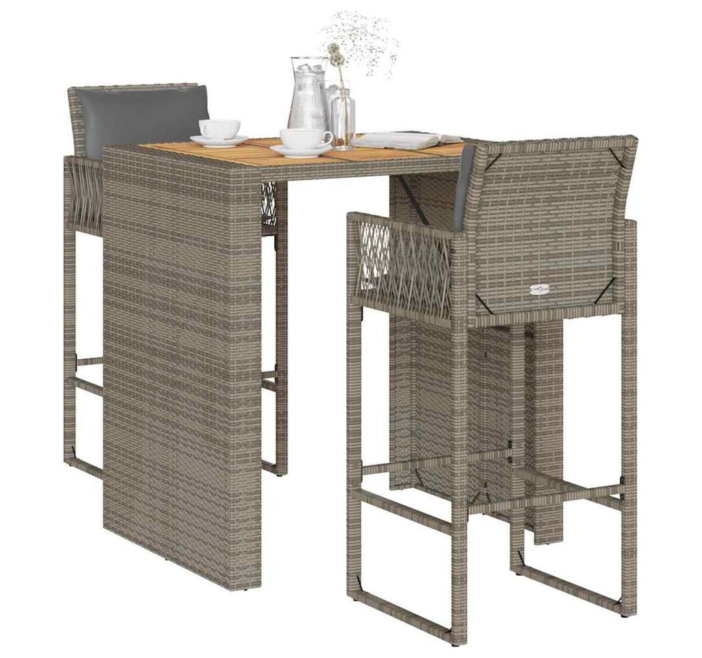vidaXL Bar-Set, 3-tlg. Gartenbar-Set mit Kissen Grau Poly Rattan Akazie von vidaXL