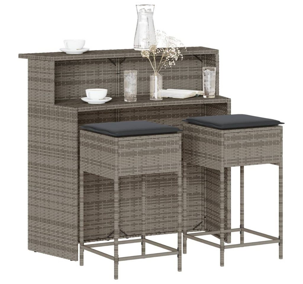 vidaXL Bar-Set, 3-tlg. Gartenbar-Set mit Kissen Grau Poly Rattan von vidaXL