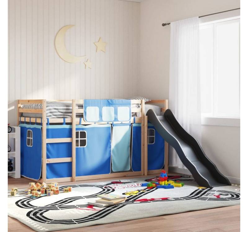 vidaXL Bett, Etagenbett mit Rutsche und Gardinen Blau 90x190 cm von vidaXL