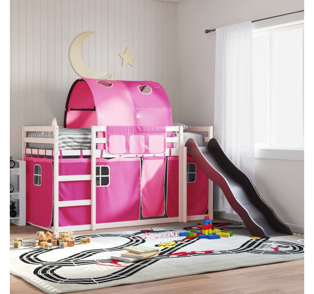 vidaXL Bett, Etagenbett mit Rutsche und Gardinen Rosa 90x190 cm von vidaXL