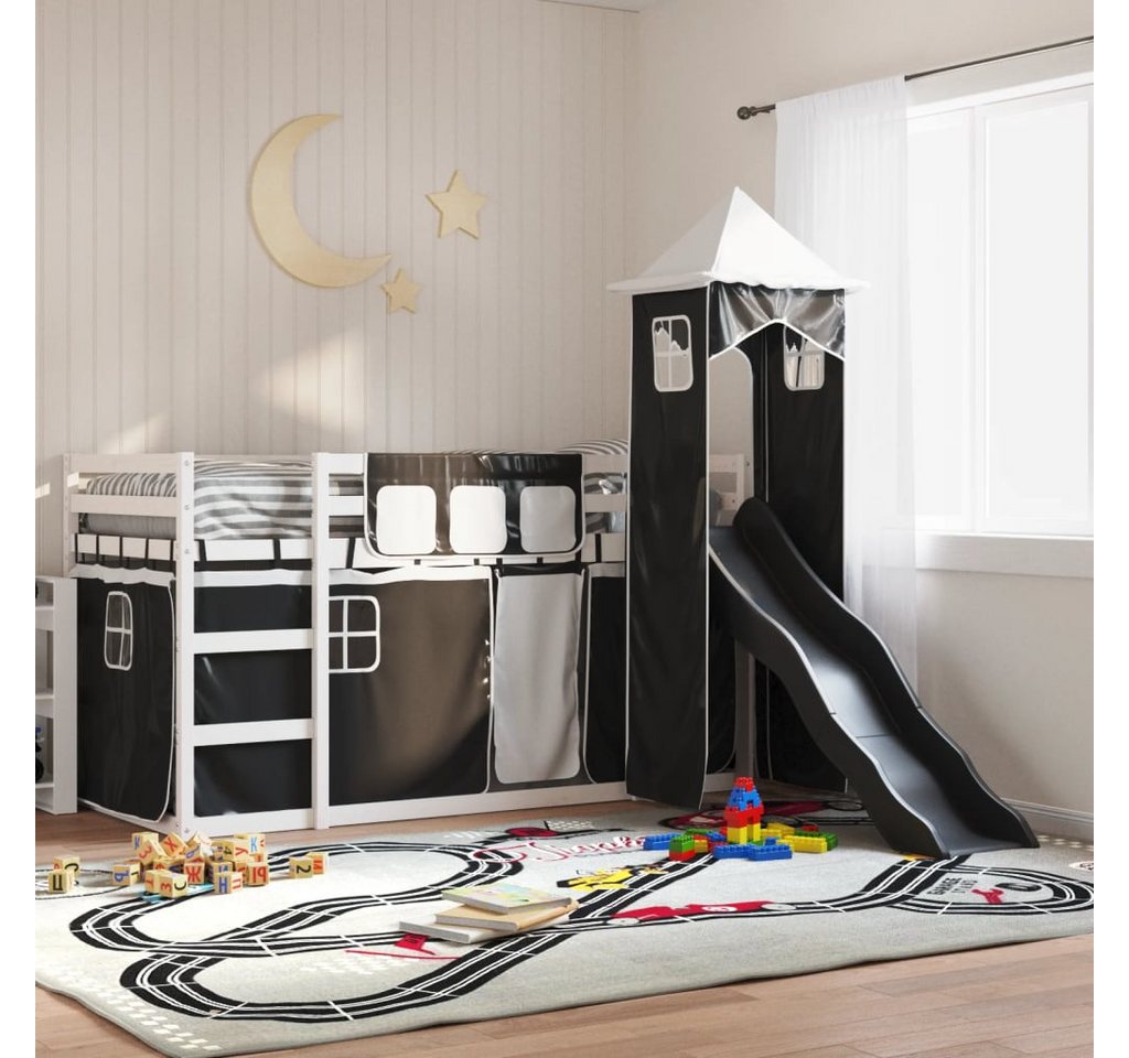 vidaXL Bett, Etagenbett mit Rutsche und Gardinen Weiß und Schwarz 90x190 cm von vidaXL