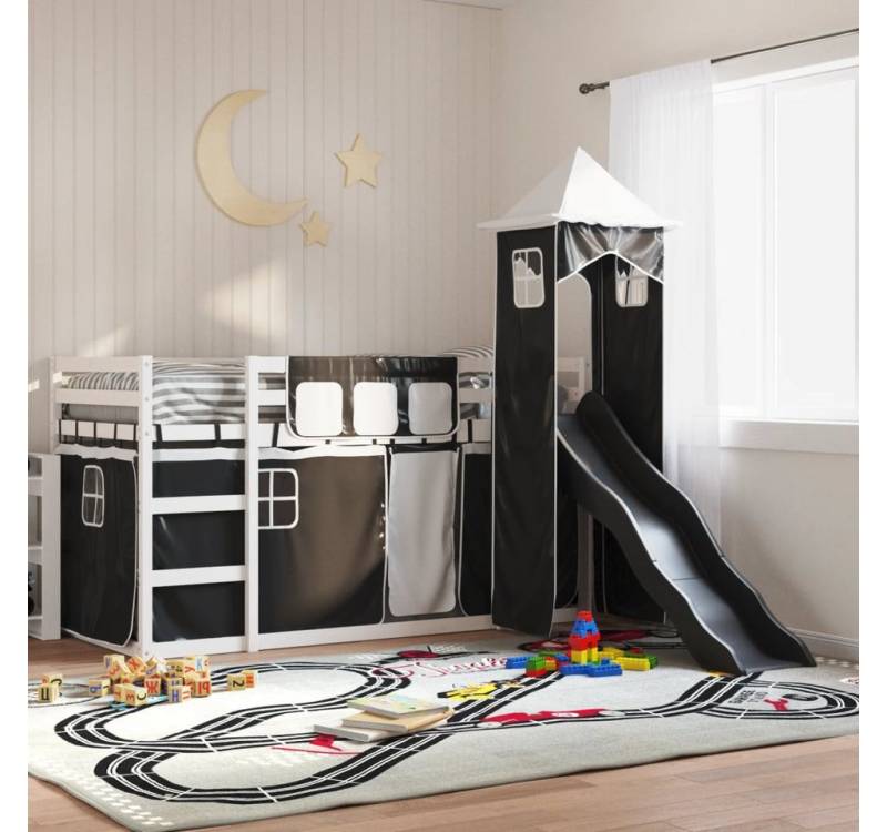 vidaXL Bett, Etagenbett mit Rutsche und Gardinen Weiß und Schwarz 90x190 cm von vidaXL