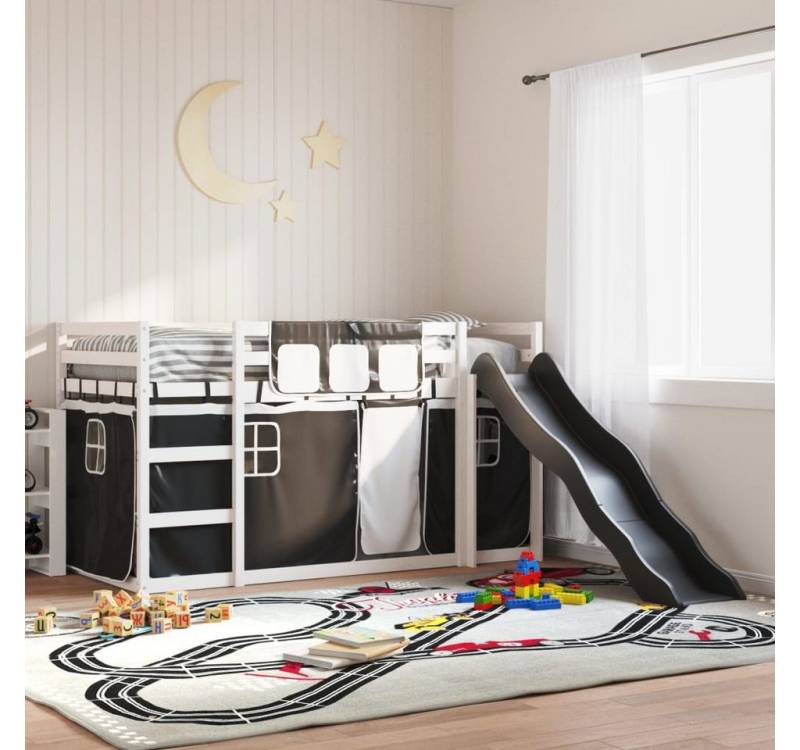 vidaXL Bett, Etagenbett mit Rutsche und Gardinen Weiß und Schwarz 90x190 cm von vidaXL