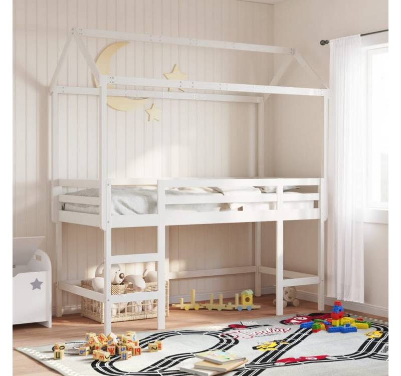 vidaXL Bett, Hochbett mit Leiter und Dach Weiß 90x190 cm Massivholz Kiefer von vidaXL