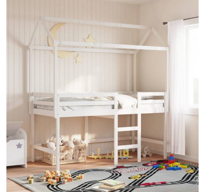 vidaXL Bett, Hochbett mit Leiter und Dach Weiß 90x190 cm Massivholz Kiefer von vidaXL