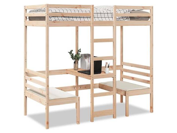 vidaXL Bett, Hochbett mit Schreibtisch & Stühlen 90x190 cm Massivholz Kiefer von vidaXL