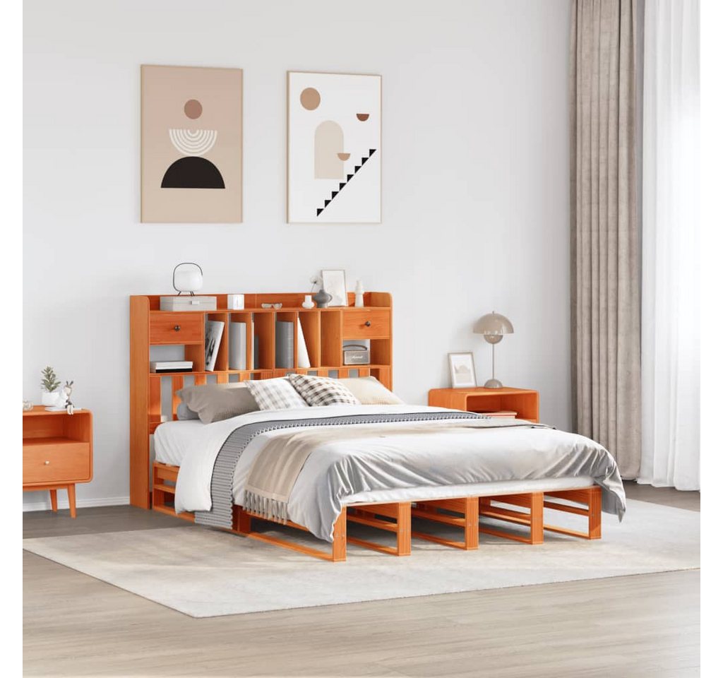 vidaXL Bett, Massivholzbett mit Regal ohne Matratze Wachsbraun 160x200 cm von vidaXL