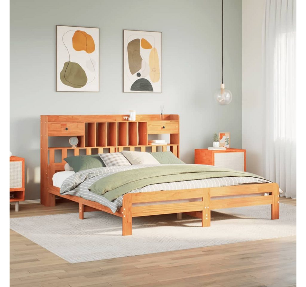 vidaXL Bett, Massivholzbett mit Regal ohne Matratze Wachsbraun 200x200 cm von vidaXL