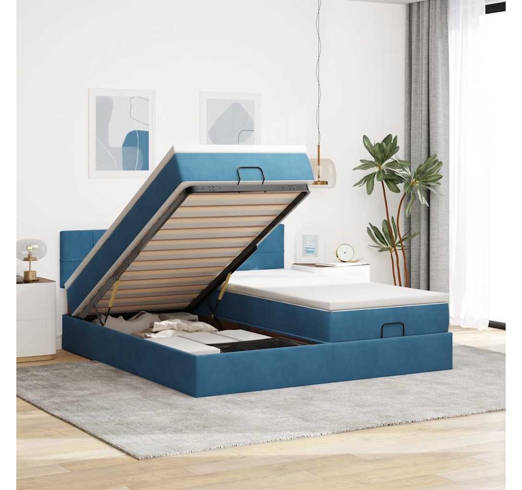 vidaXL Bett, Ottoman-Bett mit Matratzen & LEDs Dunkelblau 160x200 cm Samt von vidaXL