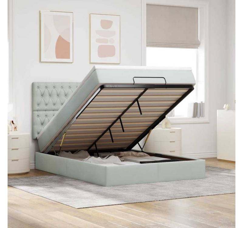 vidaXL Bett, Ottoman-Bett mit Matratzen & LEDs Hellgrau 140x200 cm Samt von vidaXL
