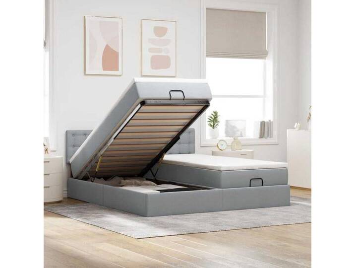 vidaXL Bett, Ottoman-Bett mit Matratzen & LEDs Hellgrau 160x200 cm Stoff von vidaXL