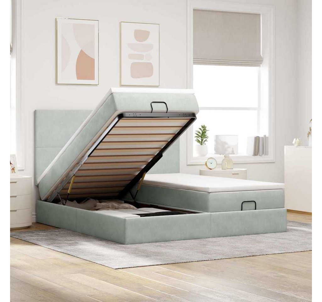 vidaXL Bett, Ottoman-Bett mit Matratzen & LEDs Hellgrau 200x200 cm Samt von vidaXL