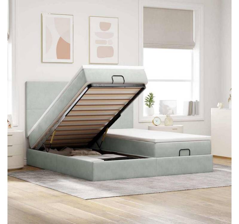 vidaXL Bett, Ottoman-Bett mit Matratzen & LEDs Hellgrau 200x200 cm Samt von vidaXL