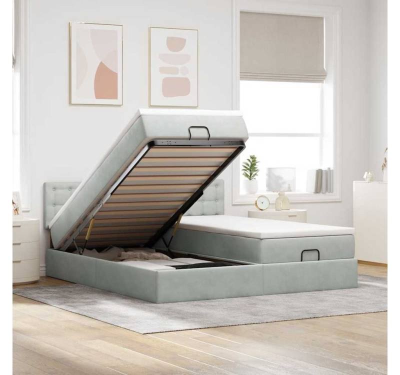 vidaXL Bett, Ottoman-Bett mit Matratzen & LEDs Hellgrau 200x200 cm Samt von vidaXL
