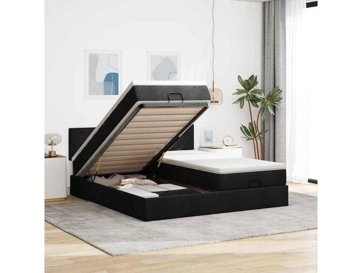 vidaXL Bett, Ottoman-Bett mit Matratzen & LEDs Schwarz 160x200 cm Stoff von vidaXL