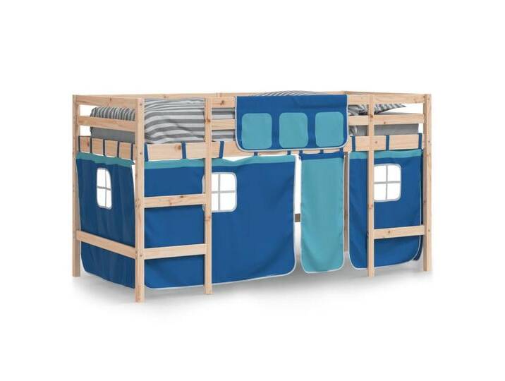 vidaXL Bett Kinderhochbett mit Vorhängen Blau 80x200 cm Massivholz Kiefer, blau, NatÃ¼rlich und blau von vidaXL