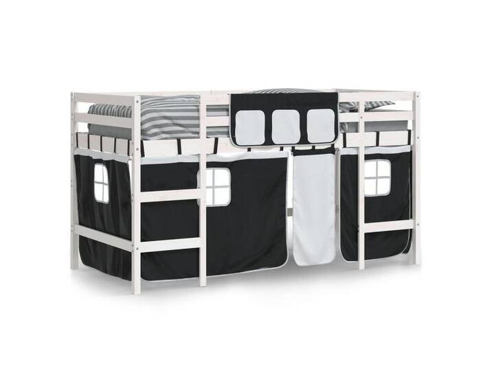 vidaXL Bett Kinderhochbett mit Vorhängen Weiß und Schwarz Massivholz Kiefer, schwarz, WeiÃ und Schwarz von vidaXL