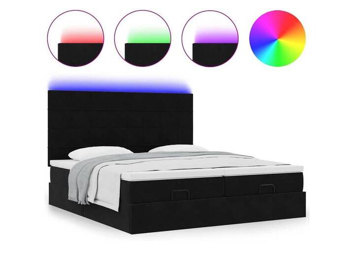vidaXL Bett Ottoman-Bett mit Matratzen & LEDs Schwarz 200x200 cm Samt, schwarz, Block mit Quadraten, Schwarz von vidaXL