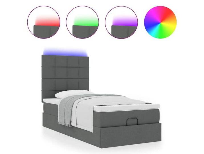 vidaXL Bett Ottomane Bett mit Matratze & LEDs Dunkelgrau 90x200 cm Stoff, grau, Block mit Quadraten, Dunkelgrau von vidaXL