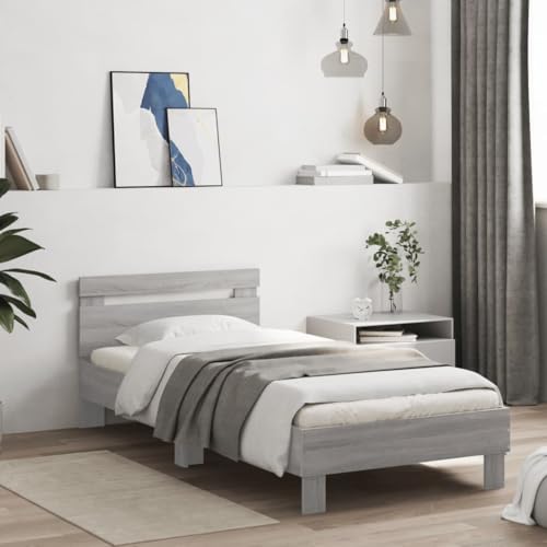 vidaXL Bettgestell, Bettrahmen mit Lattenrost, Bett Gästebett mit Kopfteil LED-Leuchten, Einzelbett Schlafzimmerbett Schlafzimmermöbel, Grau Sonoma 90x200cm vidaXL Bettgestell, Bettrahmen mit Lattenrost, Bett Gästebett mit Kopfteil LED-Leuchten, Einzelbett Schlafzimmerbett Schlafzimmermöbel, Grau Sonoma 90x200cm von vidaXL