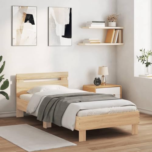 vidaXL Bettgestell, Bettrahmen mit Lattenrost, Bett Gästebett mit Kopfteil LED-Leuchten, Einzelbett Schlafzimmerbett Schlafzimmermöbel, Sonoma-Eiche 90x200cm vidaXL Bettgestell, Bettrahmen mit Lattenrost, Bett Gästebett mit Kopfteil LED-Leuchten, Einzelbett Schlafzimmerbett Schlafzimmermöbel, Sonoma-Eiche 90x200cm von vidaXL