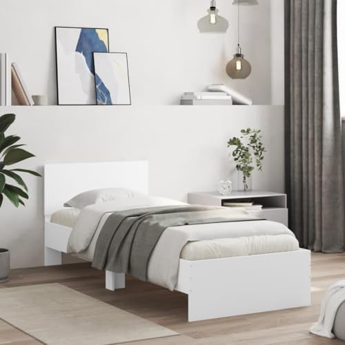 vidaXL Bettgestell, Bettrahmen mit Lattenrost, Bett Gästebett mit Kopfteil LED-Leuchten, Einzelbett Schlafzimmerbett Schlafzimmermöbel, Weiß 90x200cm vidaXL Bettgestell, Bettrahmen mit Lattenrost, Bett Gästebett mit Kopfteil LED-Leuchten, Einzelbett Schlafzimmerbett Schlafzimmermöbel, Weiß 90x200cm von vidaXL