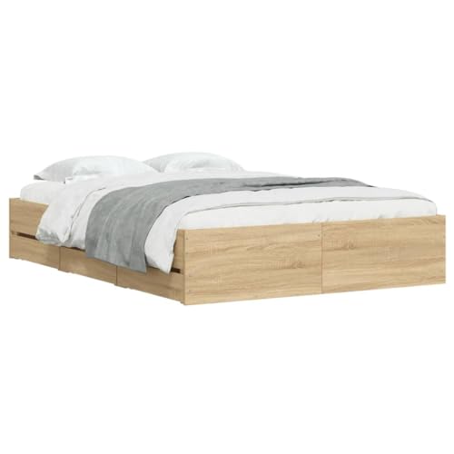 vidaXL Bettgestell, Bettrahmen mit Lattenrost, Bett Gästebett mit Schubladen, Doppelbett Schlafzimmerbett Schlafzimmermöbel, Sonoma-Eiche 135x190cm Holzwerkstoff von vidaXL