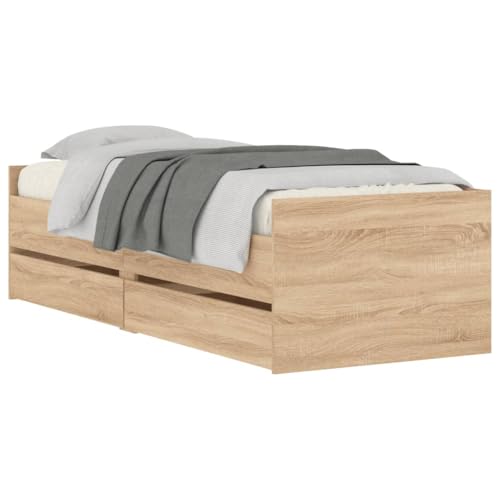 vidaXL Bettgestell, Bettrahmen mit Lattenrost, Bett Gästebett mit Schubladen, Einzelbett Schlafzimmerbett Schlafzimmermöbel, Sonoma-Eiche 90x190cm vidaXL Bettgestell, Bettrahmen mit Lattenrost, Bett Gästebett mit Schubladen, Einzelbett Schlafzimmerbett Schlafzimmermöbel, Sonoma-Eiche 90x190cm von vidaXL