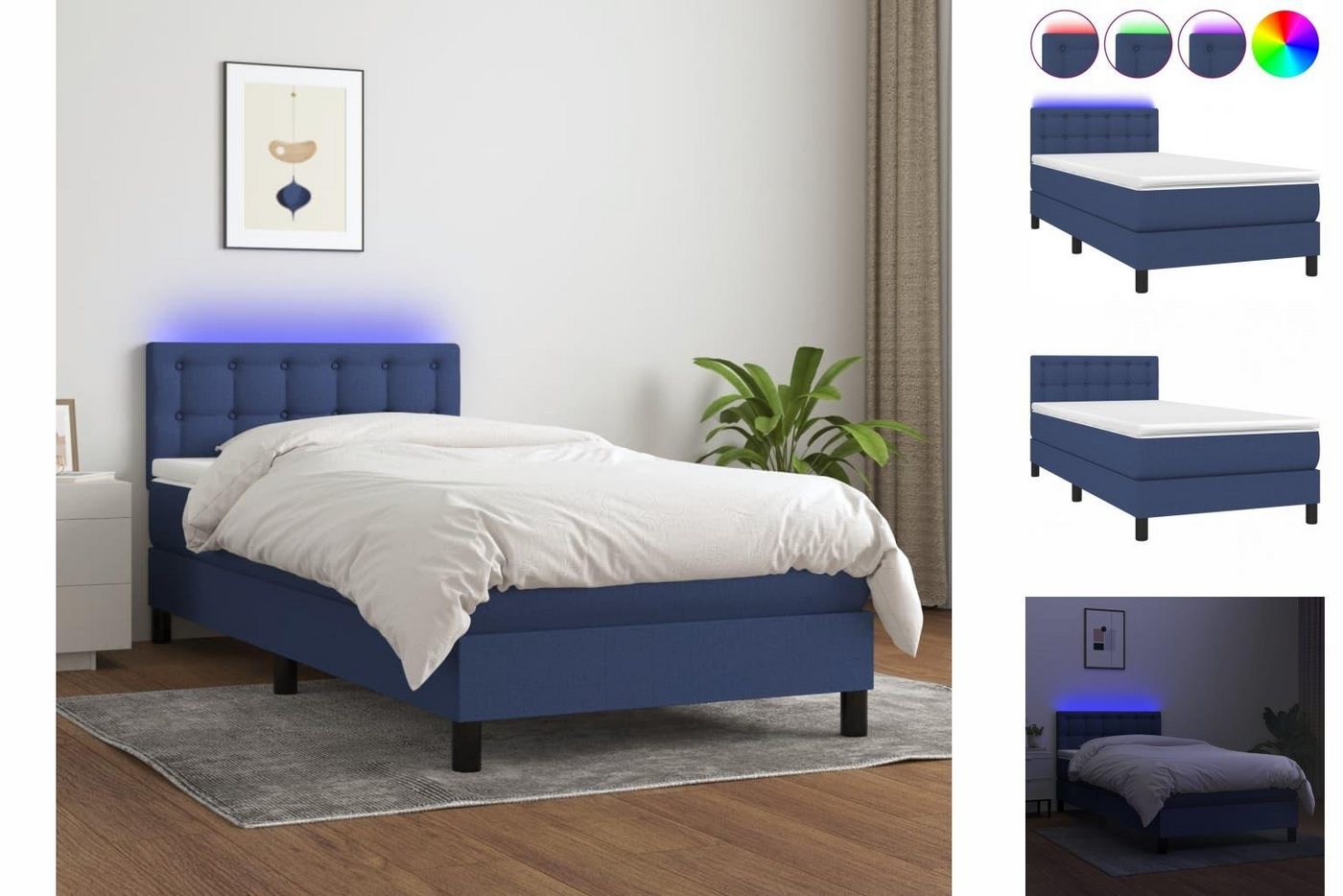 vidaXL Bettgestell Boxspringbett mit Matratze LED Blau 100x200 cm Stoff Bett Bettgestell von vidaXL