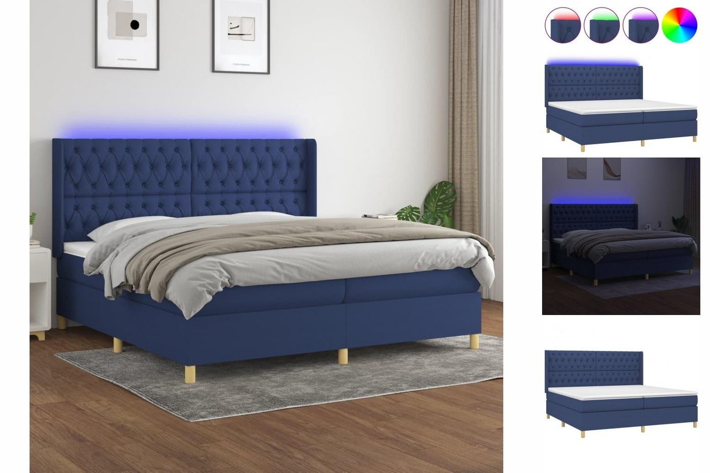 vidaXL Bettgestell Boxspringbett mit Matratze LED Blau 200x200 cm Stoff Bett Bettgestell von vidaXL