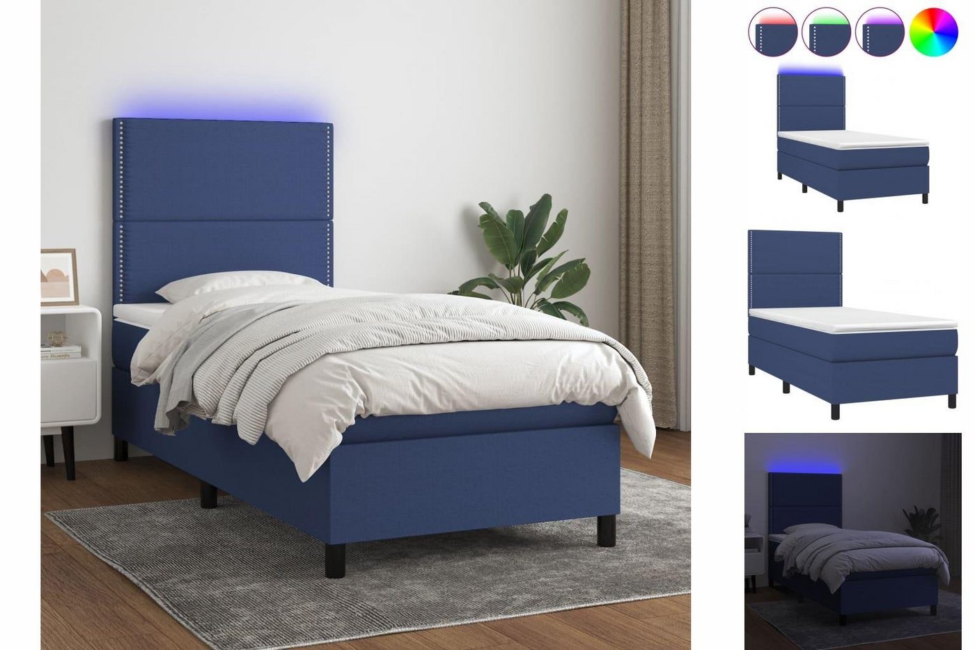 vidaXL Bettgestell Boxspringbett mit Matratze LED Blau 90x200 cm Stoff Bett Bettgestell von vidaXL