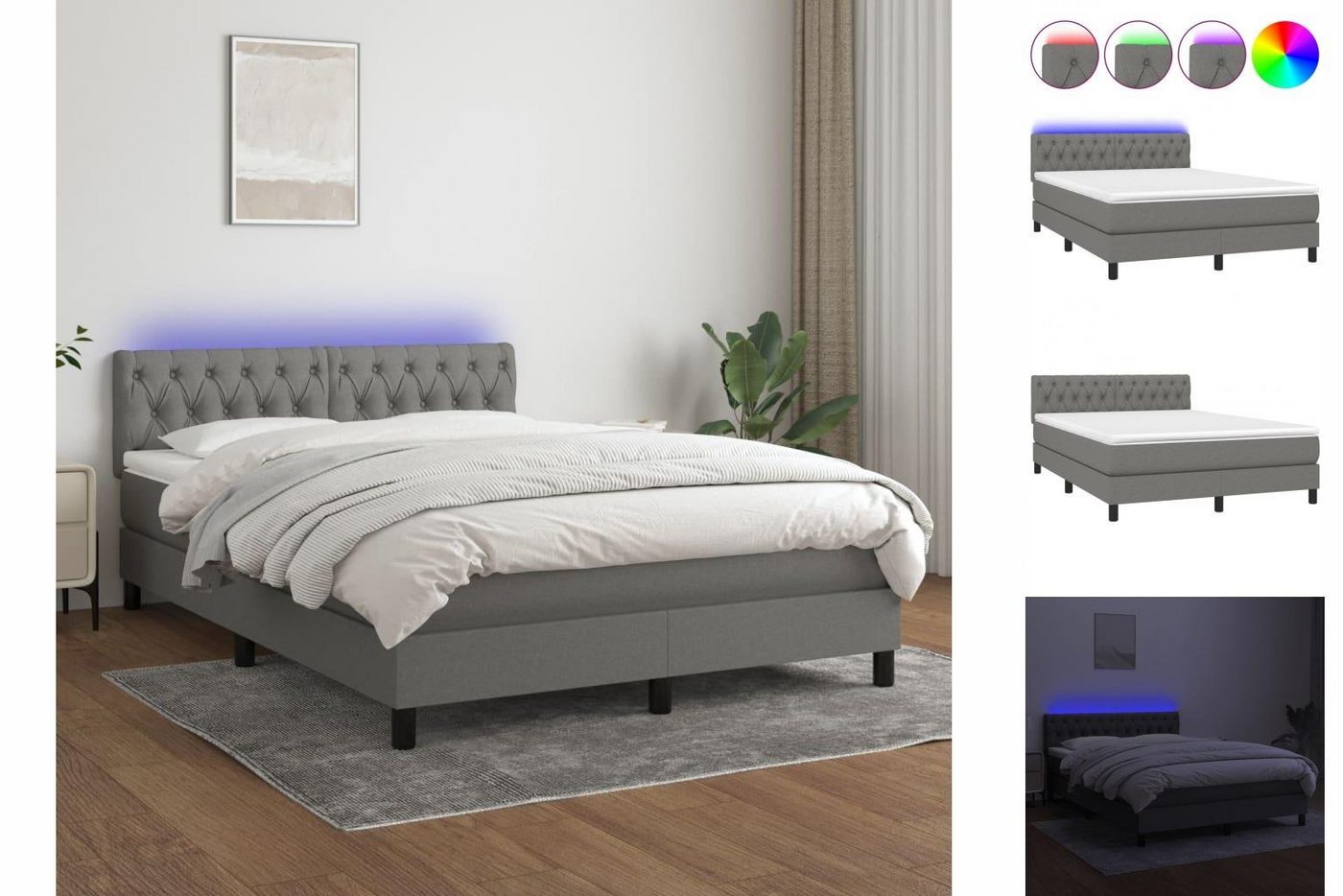 vidaXL Bettgestell Boxspringbett mit Matratze LED Dunkelgrau 140x200 cm Stoff Bett Bettg von vidaXL