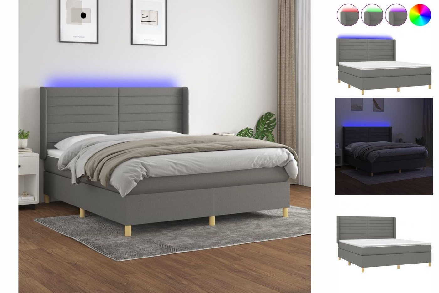 vidaXL Bettgestell Boxspringbett mit Matratze LED Dunkelgrau 160x200 cm Stoff Bett Bettg von vidaXL