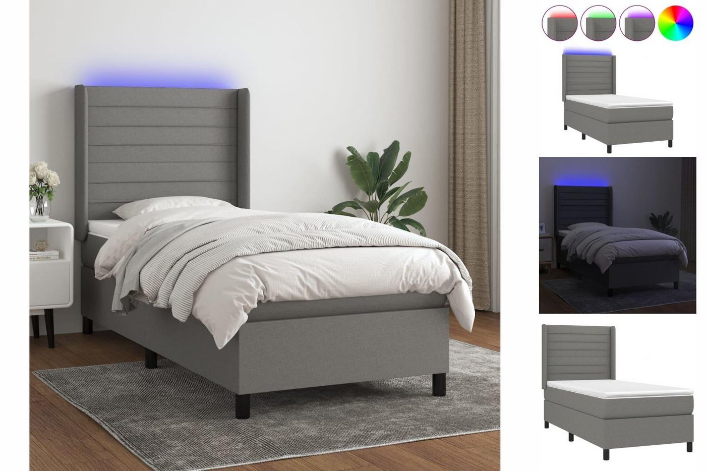 vidaXL Bettgestell Boxspringbett mit Matratze LED Dunkelgrau 90x200 cm Stoff Bett Bettge von vidaXL