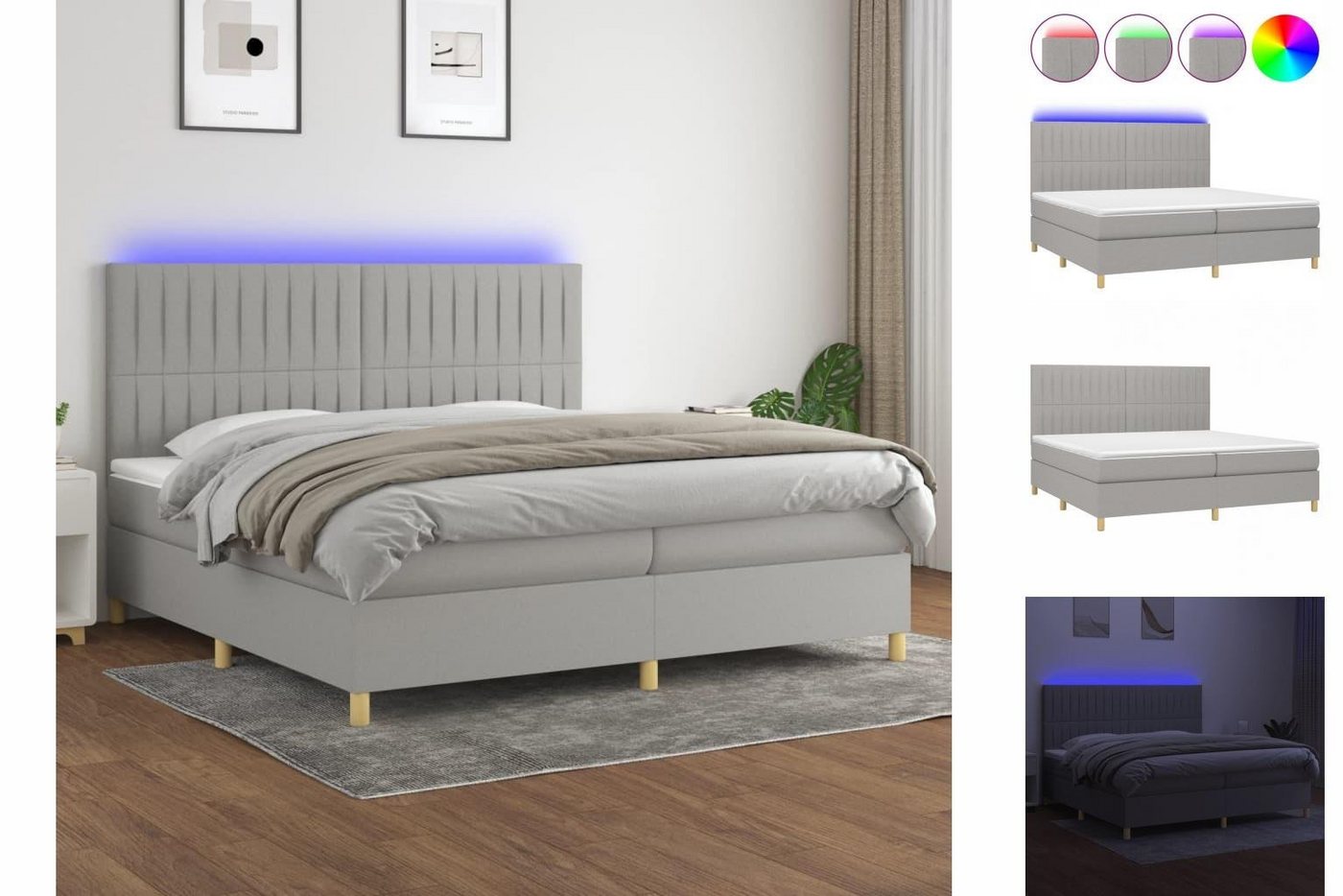 vidaXL Bettgestell Boxspringbett mit Matratze LED Hellgrau 200x200 cm Stoff Bett Bettges von vidaXL