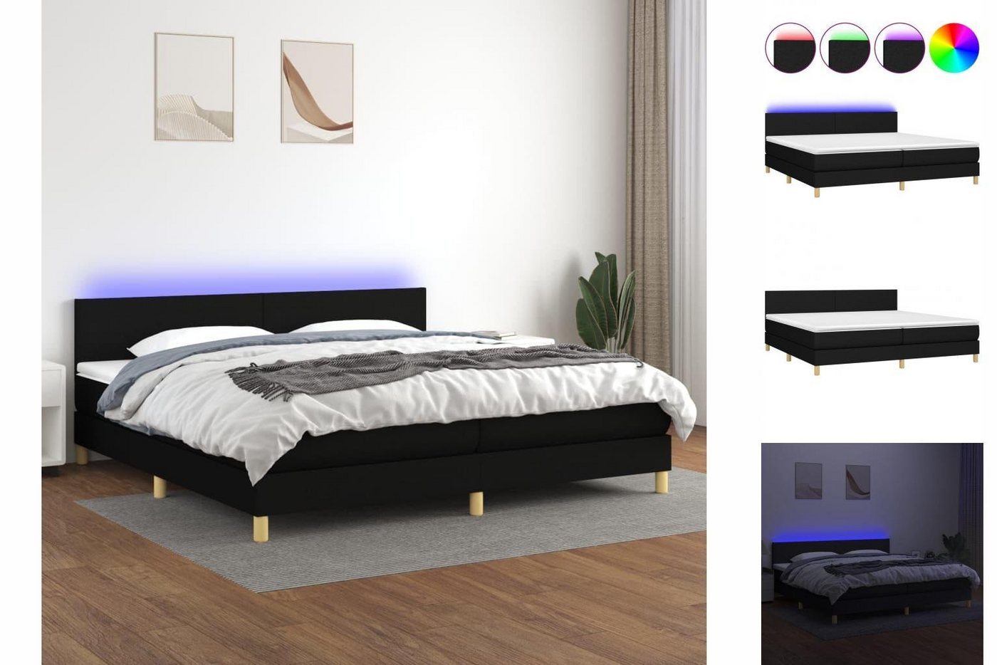 vidaXL Bettgestell Boxspringbett mit Matratze LED Schwarz 200x200 cm Stoff Bett Bettgest von vidaXL