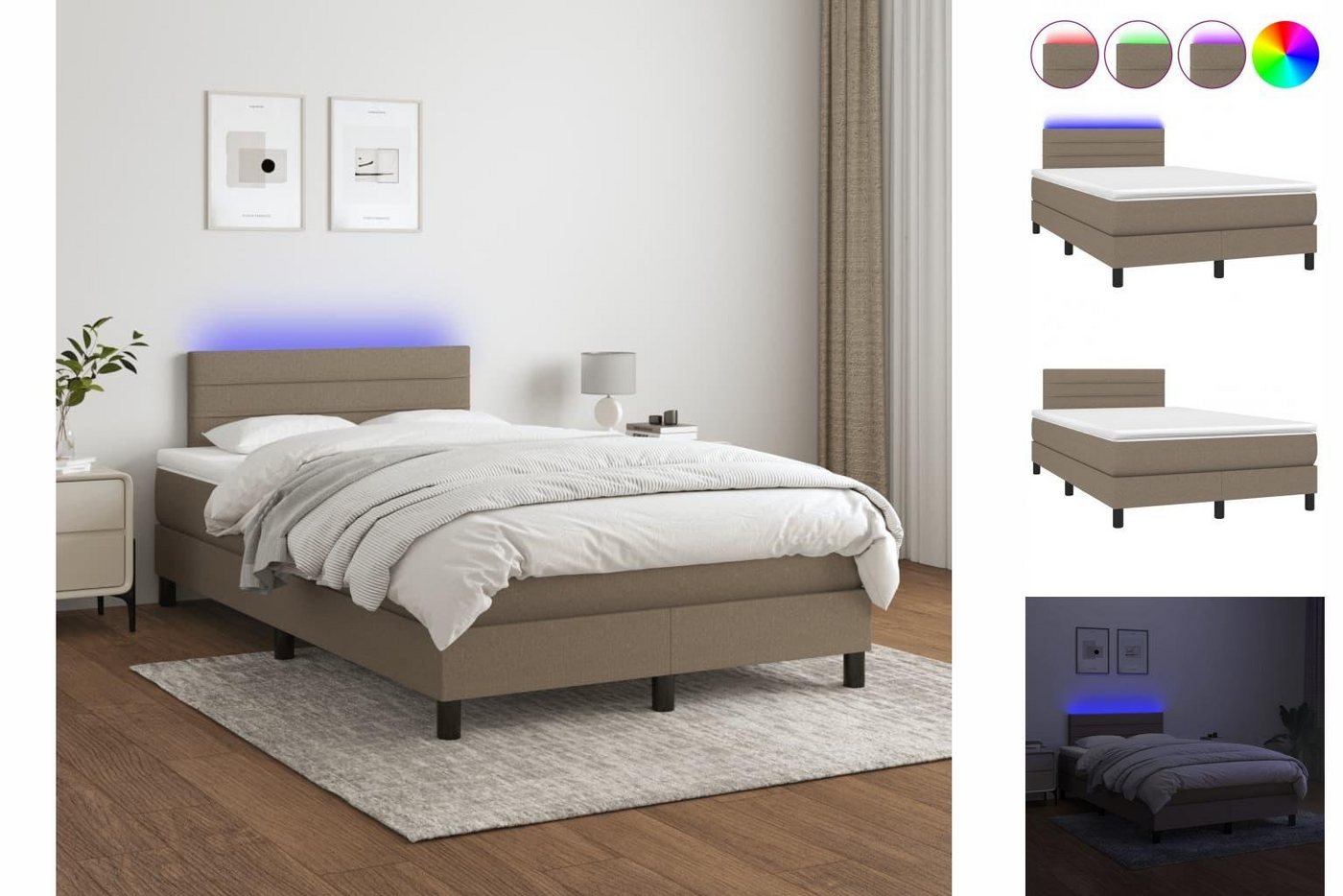 vidaXL Bettgestell Boxspringbett mit Matratze LED Taupe 120x200 cm Stoff Bett Bettgestel von vidaXL