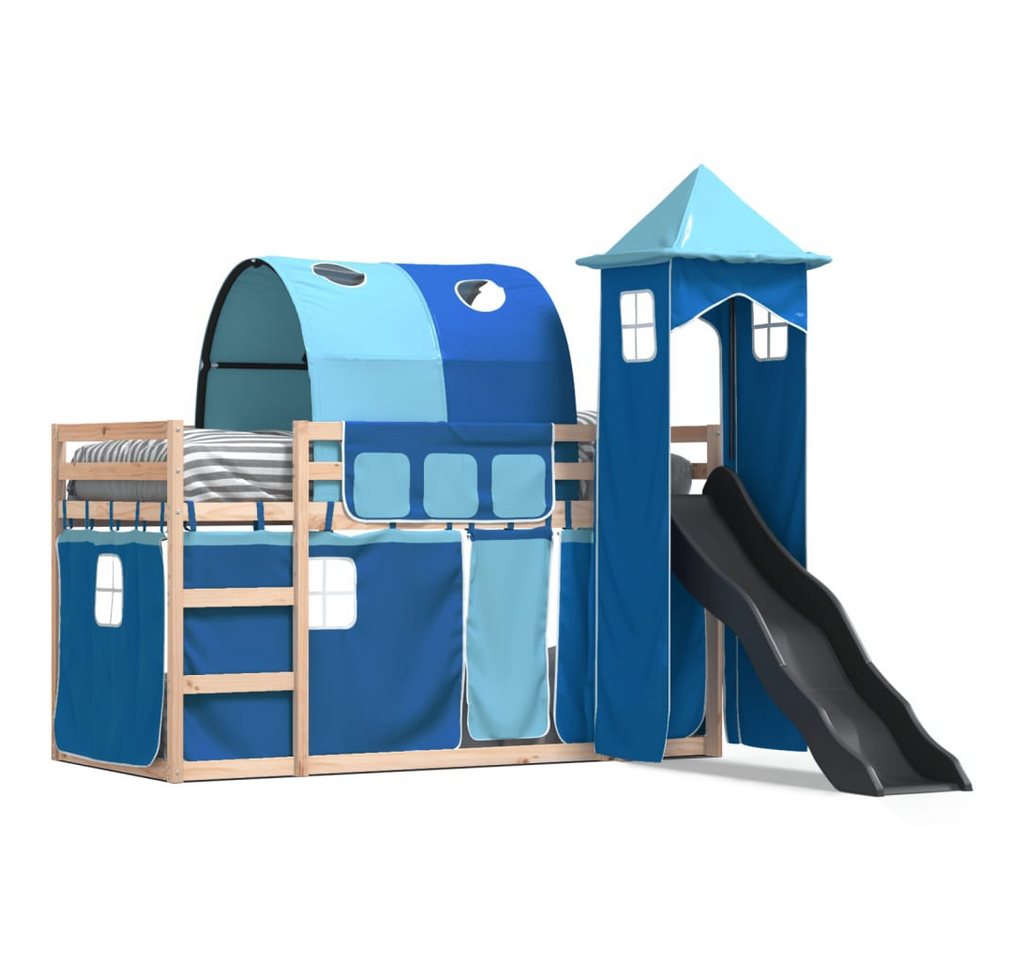 vidaXL Bettgestell Etagenbett mit Rutsche und Gardinen Blau 90x200 cm Bett Bettgestell von vidaXL