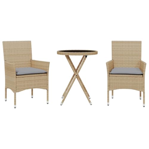 vidaXL Bistroset 3-TLG., Balkonset mit Kissen, Sitzgruppe für Garten Terrasse Balkon, Balkonmöbel Gartenmöbel Tisch 2 Stühle, Beige Poly Rattan Glas von vidaXL